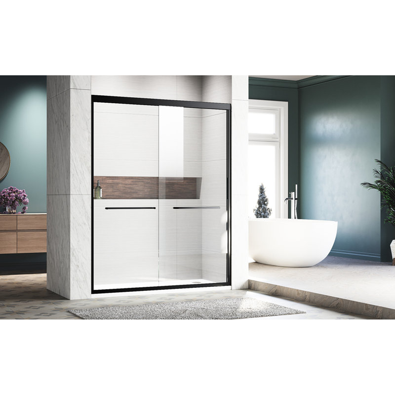 50 - 54 In. W X 72 H Sliding Shower Door, Semi- Adjustable, Clear Thick Tempered Glass, 304 Stainless Steel Handles, Black Glass Semi
