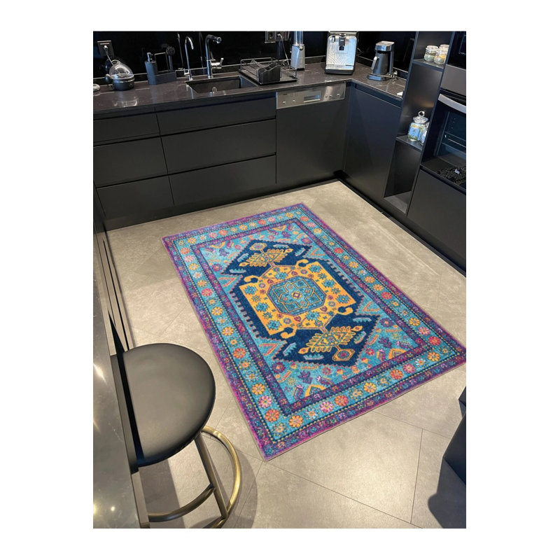 Tapis décoratif bleu à motifs traditionnels, Rond 5 pi