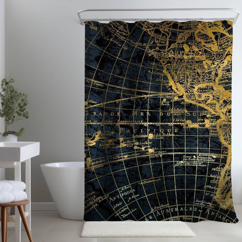 Shapes Blue World Map – Home Decor Travel Theme – Polyester Shower Curtain, Dye Sublimation Print, 71" W × 74" L