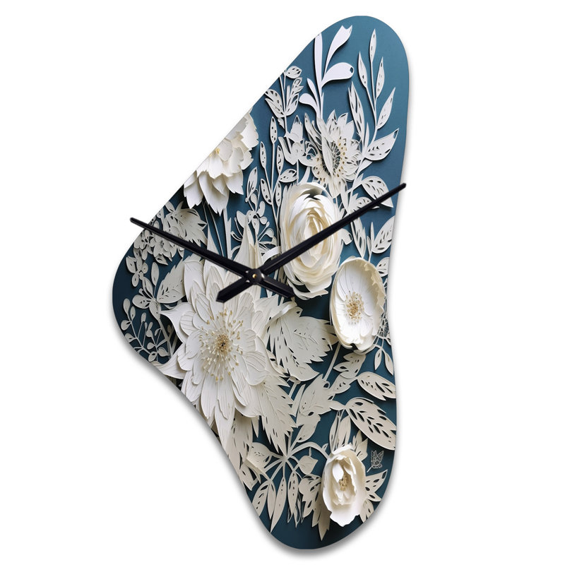 Bouquet de fleurs blanches et bleues Elegance - horloge asymétrique en métal, forme unique, Grand