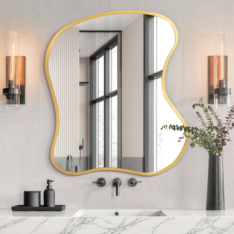Miroir mural asymétrique avec cadre en alliage d'aluminium - Miroir de meuble-lavabo décoratif moderne, 30 po x 36 po, Doré