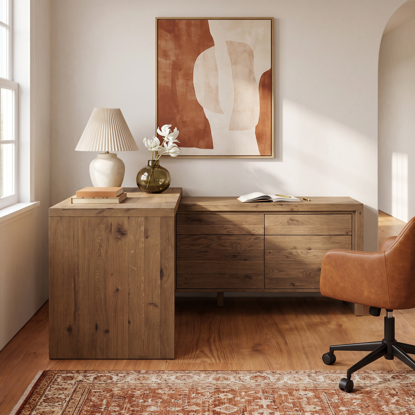 70" Oak Rotating Executive Desk, Aged Smoked Oak, Left Rotation