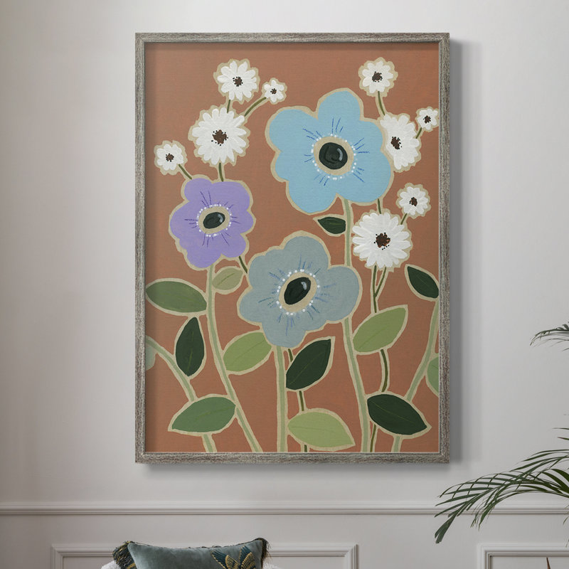 Woodblock Floral IV Framed Print - Solid Wood 47906, 11" H x 9" W