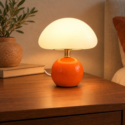 Orange Ceramic Mushroom Table Lamp, USB Powered LED Bedside Lamp with 3-Color Light for Nightstand Desk