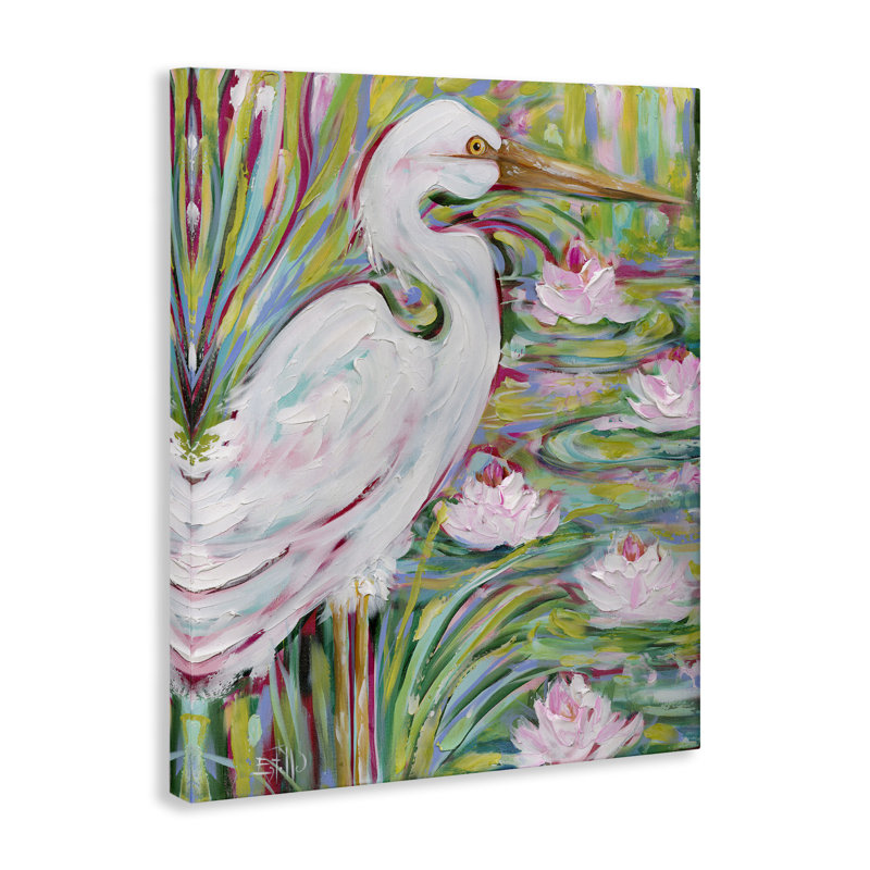 «Great Egret & Lotus», art mural sur toile par Estelle Grengs, H 20 po x l 16 po