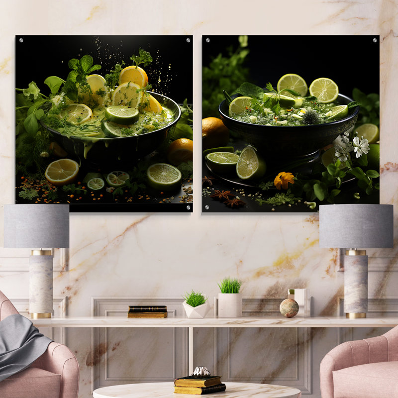 Citrus Soup Symphony Greens - Ensemble de 2 verres muraux en acrylique, H 36 po x l 73 po