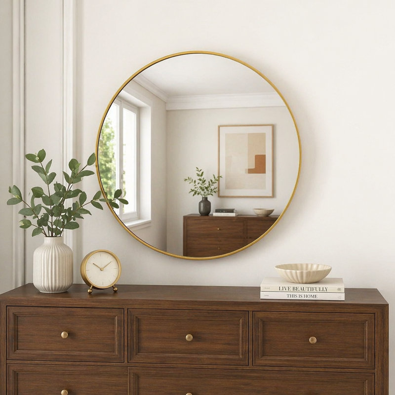 Miroir de salle de bain rond en métal, L 32 po, Doré