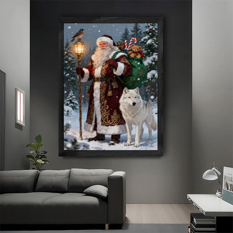 Art mural noir avec père Noël et loup encadré - Forêt enneigée, décorations festives, H 11 po x l 9 po