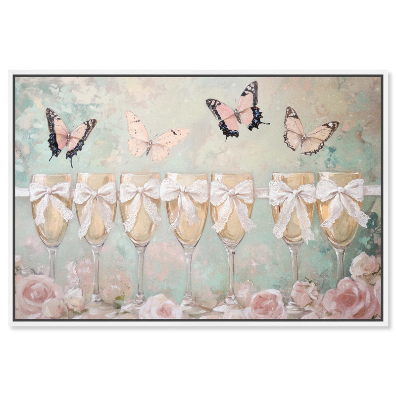 «Champagne Mint and Pink Glass Collection», art mural sur toile , H 25 po x l 37 po, Cadre flottant blanc
