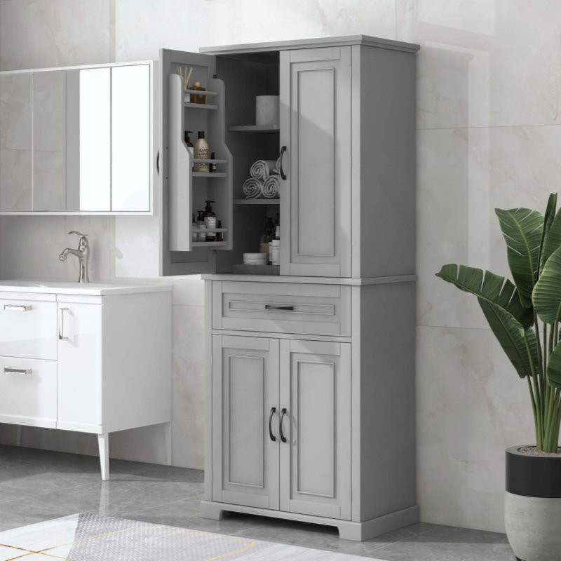 Bathroom Tall Storage Cabinet with 4 Doors & 1 Drawer, Adjustable Shelf, Anti-Tipping Device, MDF Storage Organizer, Grey