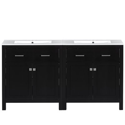 Ensemble de meuble-lavabo double 60 po - Bois massif + panneau de fibres à densité moyenne - 2 pièces - Autoportant - Noir - Portes à fermeture en douceur et tablettes réglables