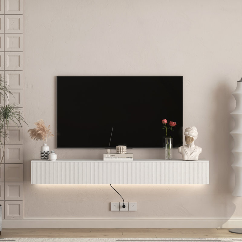 Sleek Wall-Mounted Floating TV Stand With 16-Color LED Lights And Ample Storage, White, 9.17"H x 68.8"L x 11.8"W