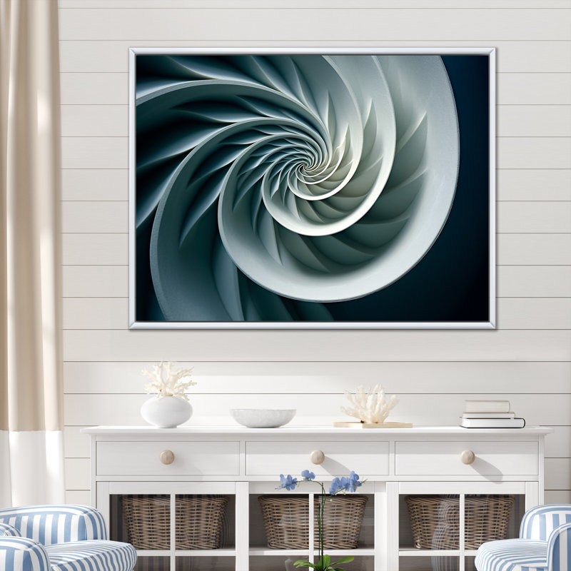 Turquoise coquille spirale de poisson sur toile, H 12 po x l 20 po x P 1 po, Cadre flottant blanc