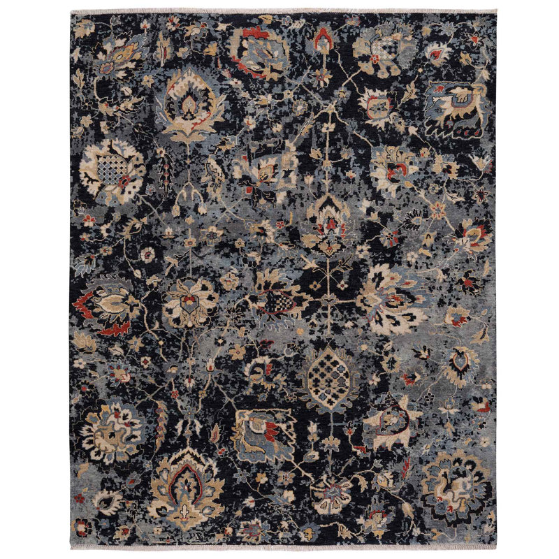 Hand Knotted Wool Floral Area Rug in Black, Rectangle 5'6" x 8'6"