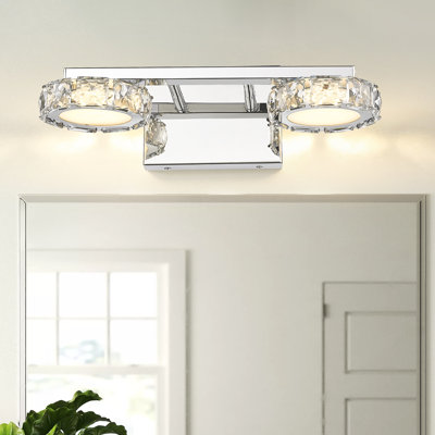 Modern 2-Light Integrated LED Crystal Bathroom Vanity Light with Faceted Crystal Shades, Chrome Finish, Damp Location Rated