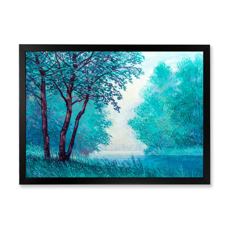 «Blue Colored Tree Impression III», peinture sur toile, H 12 po x l 20 po x p 1 po, Cadre noir