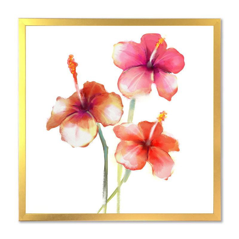 Red Hibiscus Flowers - reproduction de cadre photo sur toile, H 16 po x l 16 po x P 1 po, Cadre doré