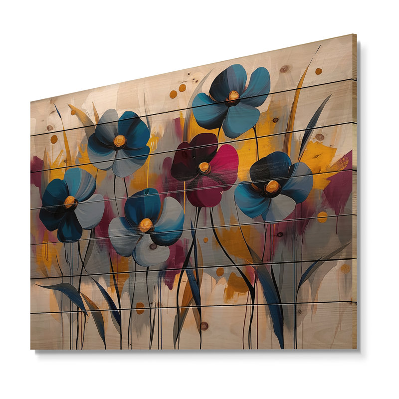 Red Blue Cornflower Blooms - Cornflowers Wood Wall Decor - On Natural Pine Wood, 10" H x 20" W x 0.78" D