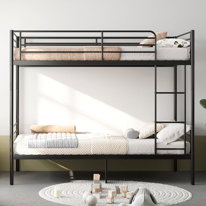 Lit superposé avec échelle et garde-corps haut, capable de se diviser, lit superposé en métal, espace de rangement, silencieux, taille simple sur simple, noir