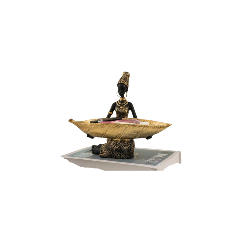African Woman Figurine With Golden Tray