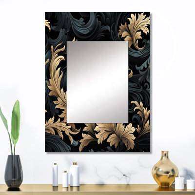 Tabria Black And Gold Damask Flower Blossoms - damask  Decorative Mirror, Boho Wall Mirror, Printed Metal Art