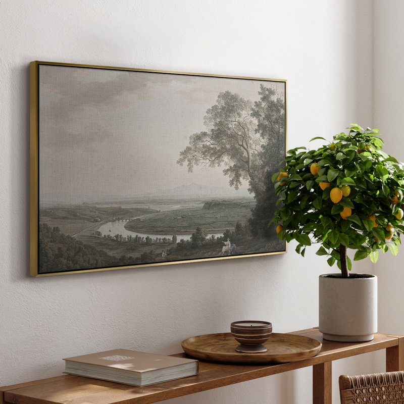 Paysage rétro - CDxxiv, Toile avec cadre flottant or, H 25 po x l 37 po x P 2 po
