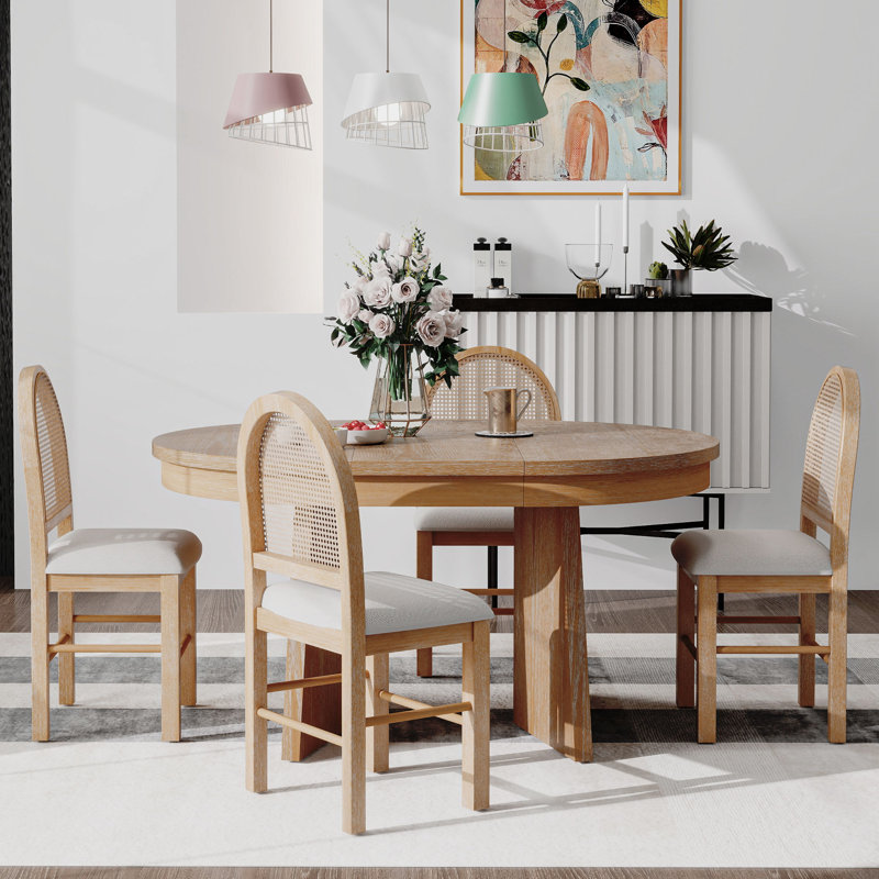 Ensemble de salle à manger extensible 5 pièces avec table ovale et chaises en rotin Maximili, Naturel