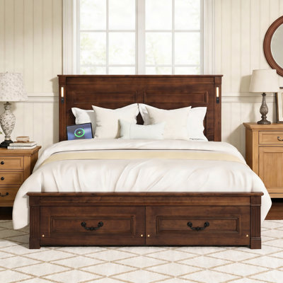 63.3" Queen-Size Pinewood Bed with 2 Storage Drawers, Bed Frame Built-in LED Lights and USB Charging Station