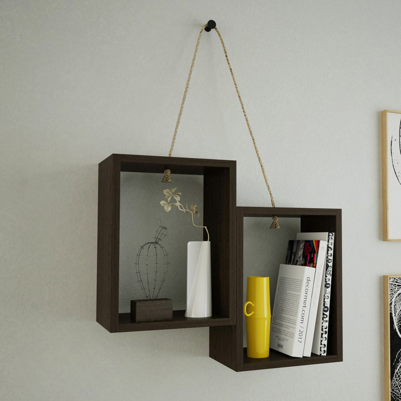 Tablette décorative 2 pièces avec tablettes réglables Abdelmageed, Wengé