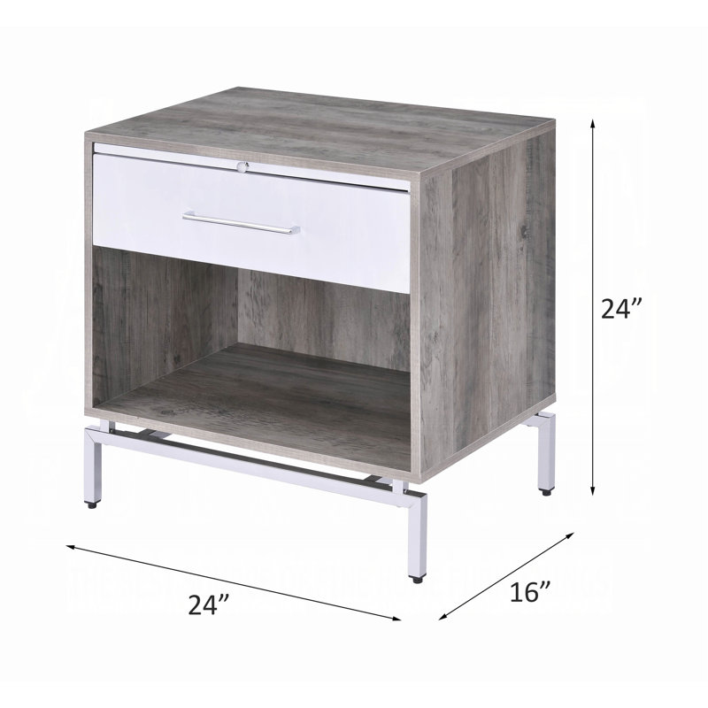 Table de chevet 1 pièce blanc et gris vieilli avec tiroirs et tablettes