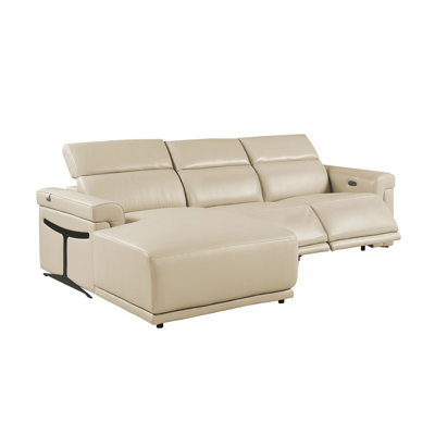 Beige Left-Facing 3-Piece L-Shaped Sectional In Top-Grain Italian Leather With 2 Power Recliners & Adjustable Headrests