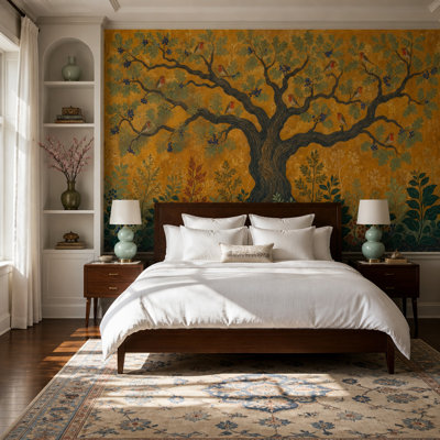 Tree and Birds Wallpaper Golden Forest Wall Mural