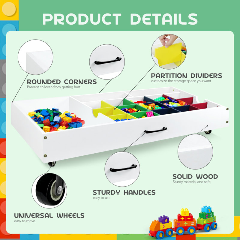 2 in 1 Kid Activity Table with Large Storage, Construction Play Table Compatible with Lego Building Block, Cars and Trains, Toy Organizer Game Table Store Under Bed or Sofa for Boys Girls