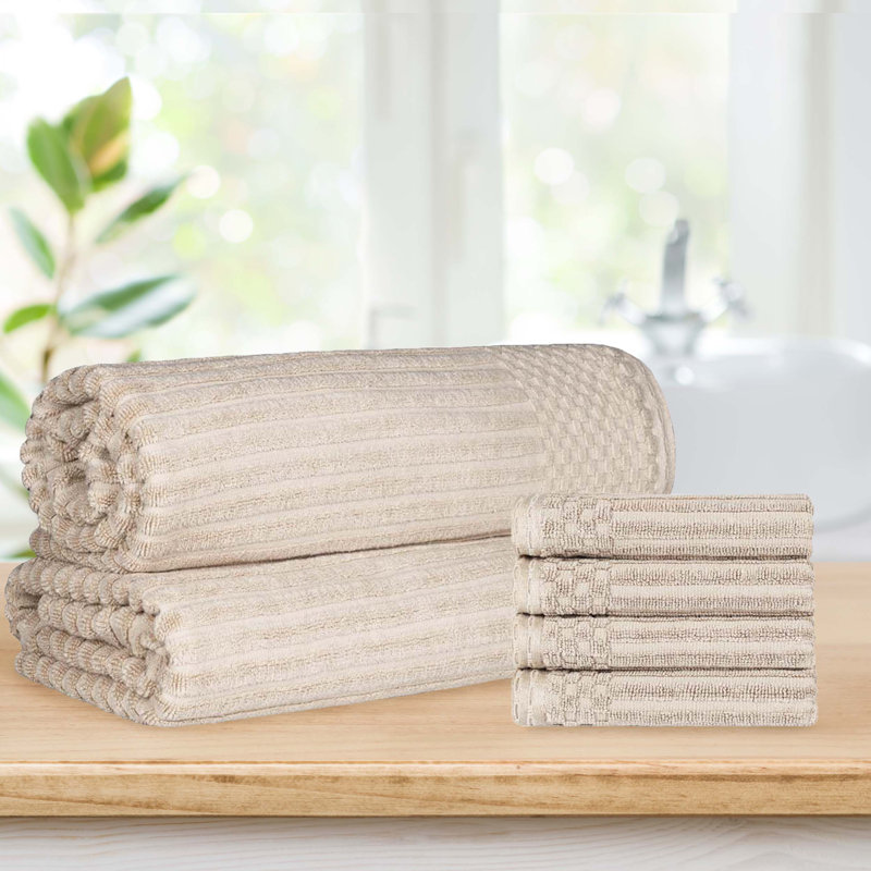 Keshayla Ribbed Cotton Absorbent Heavy 4pc Hand Towel and 2pc Bath Sheet Set, Ivory