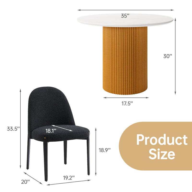Alpena 35" Modern Round Dining Table Set, 3-Piece Faux Marble Kitchen Table With Bouclé Upholstered Chairs, Black, Yellow