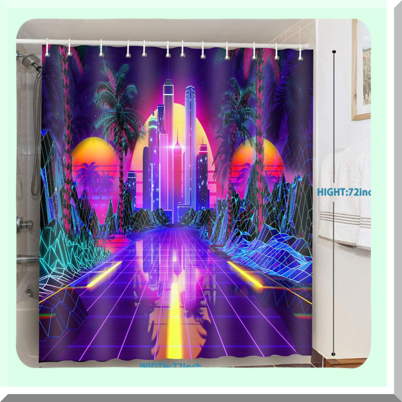 Neon Sunset Retro Punk Shower Curtain - 80s Sci-Fi Tropical Art with Coconut Trees - Colourful Abstract Bathroom Decor Set with 12 Hooks