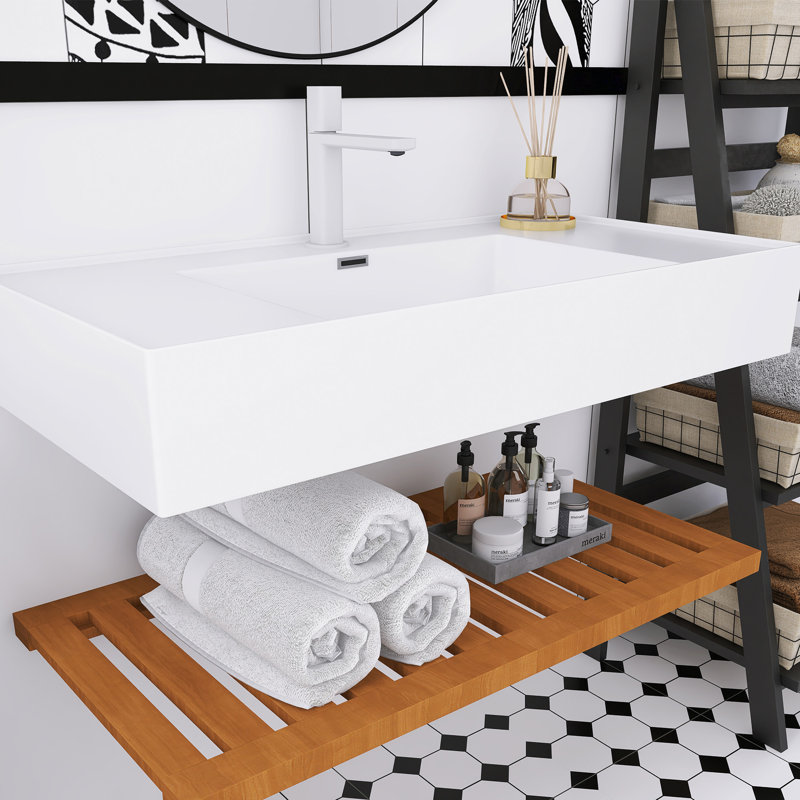Meuble-lavabo mural, lavabo intégré rectangulaire en acrylique blanc, tablette rayée., Noyer foncé, 35"