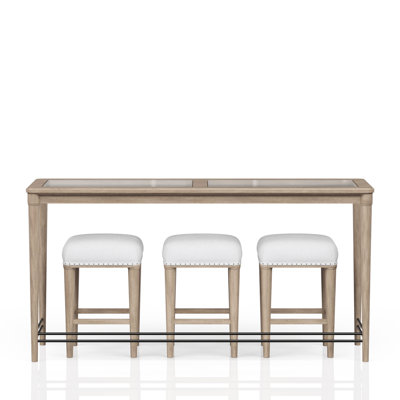 Console en verre givré avec 3 tabourets, finition sable exceptionnelle, élégance transitionnelle décontractée, bois massif et classe attrayante, éminence