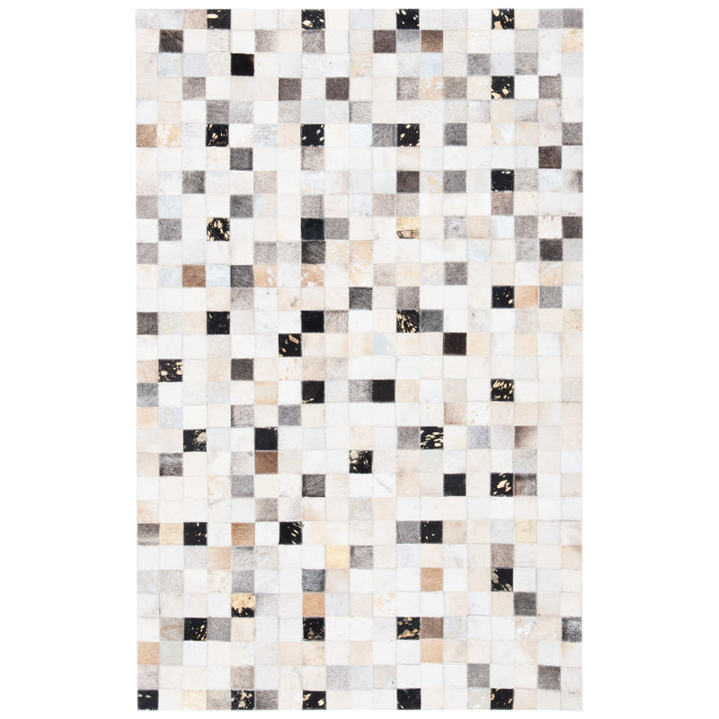 Herren Hand Woven Leather/Felted Cloth Geometric Rug in Ivory/Black, Rectangle 3' x 5'