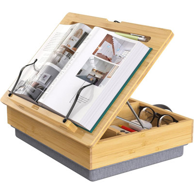 Book Stand for Reading with Storage, Adjustable Bamboo Book Holder with Soft Lap Cushion, Cookbook Stand, Hands，Free Book Reading Stand for Bed, Desktop ，Kitchen Counter