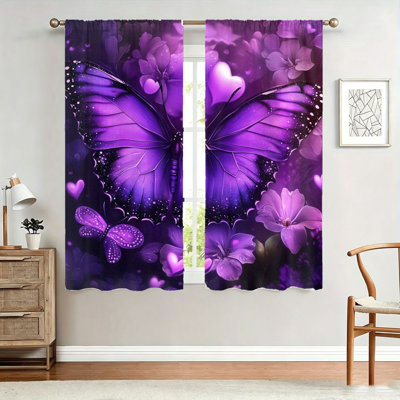 2 pièces de rideaux à motif floral mauve, tissu filtrant la lumière, imprimé enchanteur et fleur, passe-tringle d'intimité pour salon, chambre, balcon, cuisine, décoration intérieure