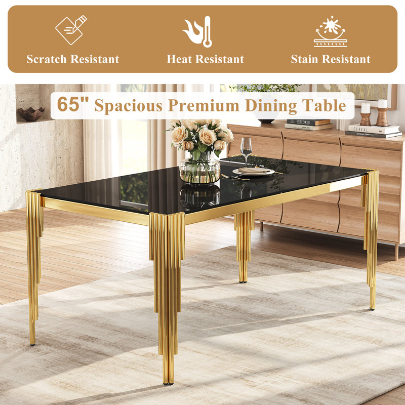 65" Glass Dining Set Of 7, Modern Rectangular Tempered Glass Table With Irregular Round Tube Stainless Steel Legs And 6 Velvet Upholstered Dining Chairs With Nailhead Trim