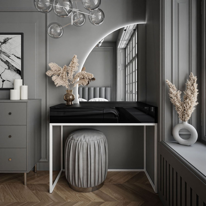 Brilen Dressing Table with LED Mirror, White/​Black High Gloss