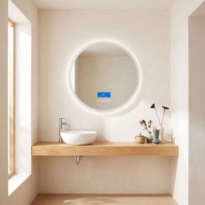 Hugo Miroir DEL Intelligent Rond 24 po avec Interface Écran Tactile et Haut-Parleurs Bluetooth - Miroir à Éclairage de Bordure Givrée Circulaire avec Lueur 360 Degrés, Anti-Buée Automatique et Affichage Numérique