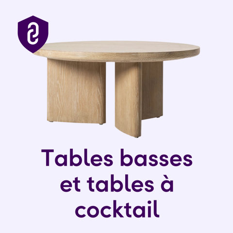 Table basse ronde en bois clair avec une base massive, accompagnée du texte Tables basses et tables à cocktail.