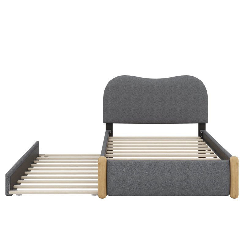 Lit plateforme tapissier avec pieds de support en bois et lit gigogne, Lit simple, Gris