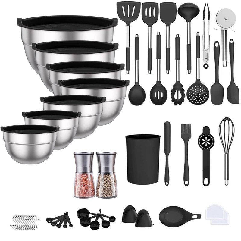 52-Piece Stainless Steel Cooking Utensil Set with 7-Piece Mixing Bowls with Lids Set & Salt and Pepper Grinder Set, Black