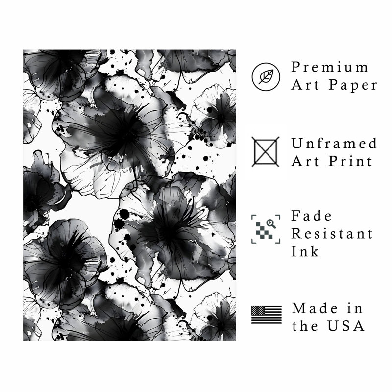 Impression florale moderne en noir et blanc, H 30 po x l 20 po