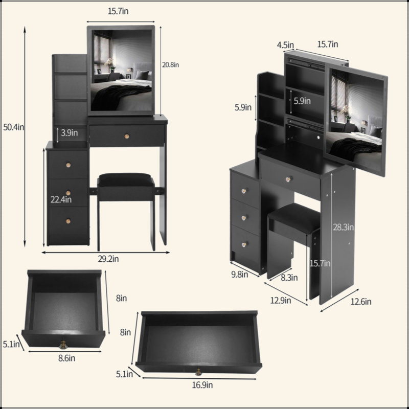 Small Size Left Bedside Cabinet Vanity Table + Cushioned Stool, Extra Large Sliding Mirror, Multi Layer, High Capacity Storage Fashionable Dresser, Suitable For Small Space, EPA,GCC,UL Certificate