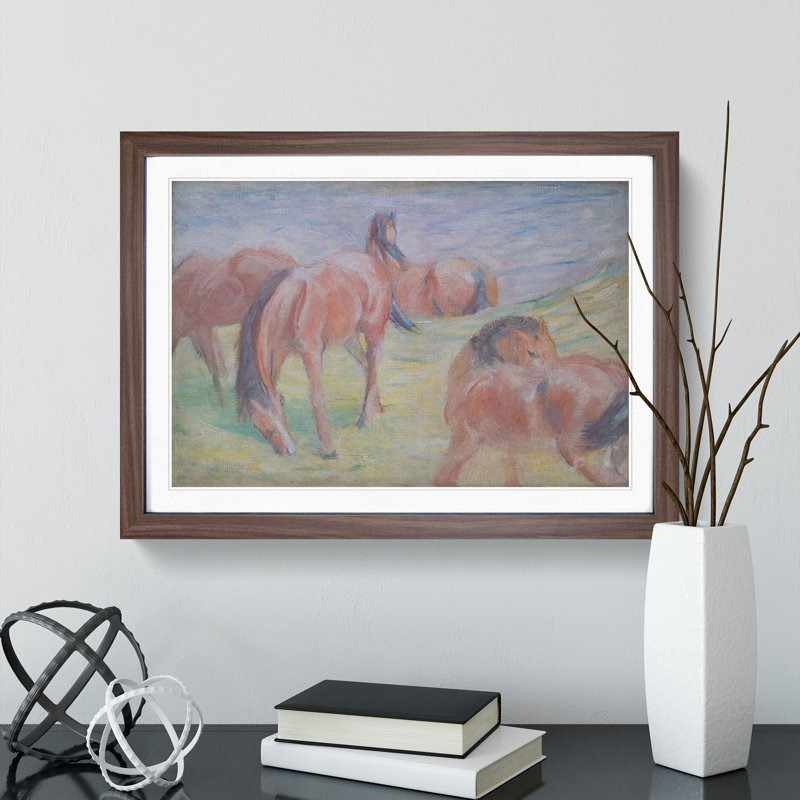 Four Horses by Franz Marc - Picture Frame Painting, 48cm H x 65cm W x 2cm D, Walnut
